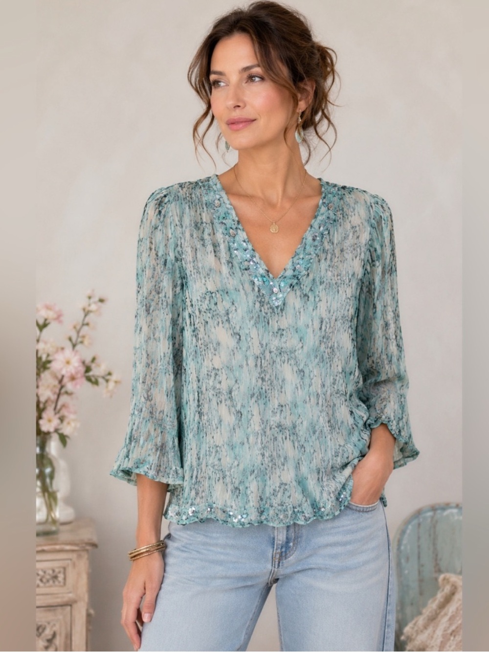 Bob Mackie Studio Size 8 Silk Blend Casual Blouse Embellishment